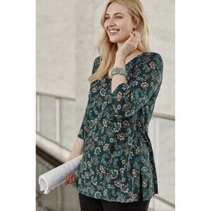 J.JILL Wearever Shirred A-Line Tunic BLOUSE  Green XS Rayon  3/4 Sleeves